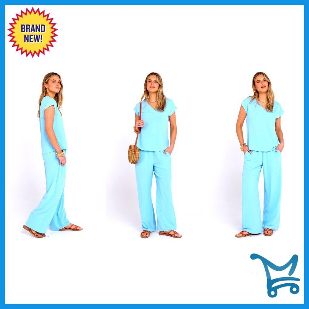 V Neck Cap Sleeve Top Wide Leg Pants Lounge Set Loose Fit Travel Outfit - Picture 7 of 7